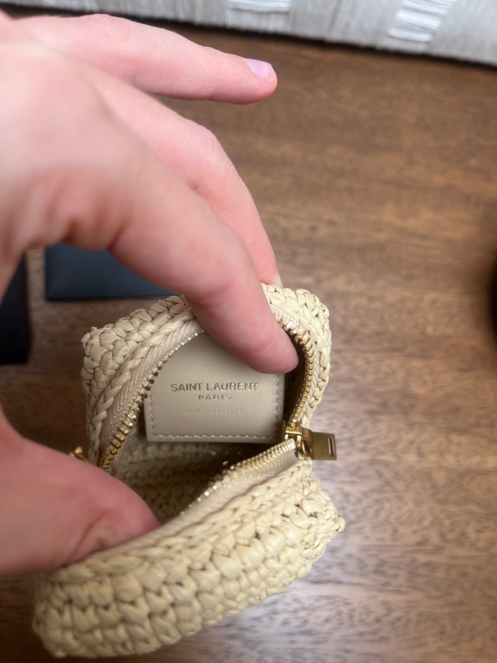 YSL Raffia Keychain Cube Charm in Natural Beige with Gold Hardware - Picture 7 of 10